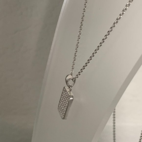 NEW Silver Tone Pave Set Rectangular Cubic Zirconia CZ Pendant + Chain - Picture 3 of 4